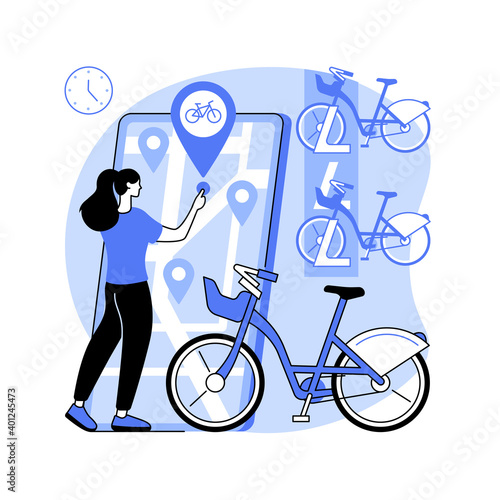 Bike sharing abstract concept vector illustration. Public bike rental, bicycle sharing application, green urban transportation, book a ride online, ecological city transport abstract metaphor.