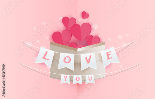 Valentines hearts with gift box postcard. Paper flying elements on pink background. Vector symbols of love in shape of heart for Happy Women's, Mother's, Valentine's Day, birthday greeting card design