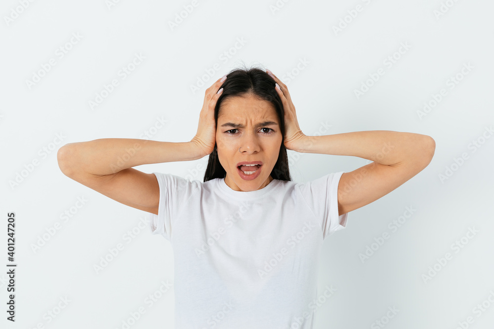Brunette woman with headache Brunette woman with headache