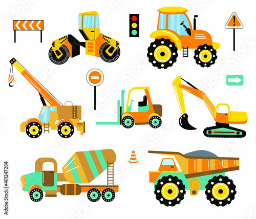 Different types of toys heavy equipment and machinery isolated on white background. Road signs. Set of toy cars. Children's style. Vector illustration.