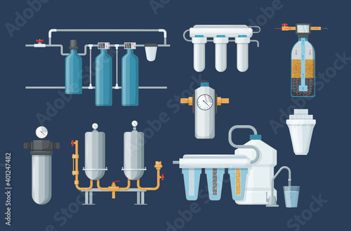 Water filter, filtration. Cleaning system, drink cooler, cartridges, jug with filter, motor pump. Filtering clean water drink in bottle processes, purified liquid with help special technologies