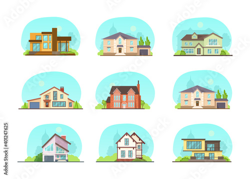 Set colorful country town houses with roof, suburban cottages, guest house, mansion, townhouse, house brick, buildings. Facade apartment house. Real Estate vector illustration