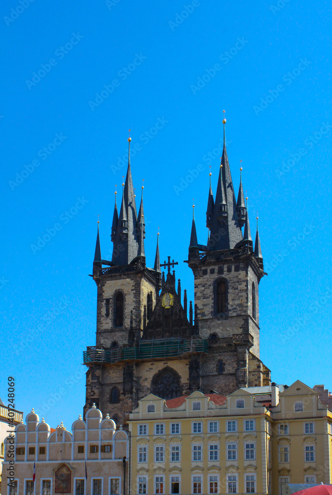 Prague Main square, Church of Our Lady before Tyn. Blue sky. Copy space