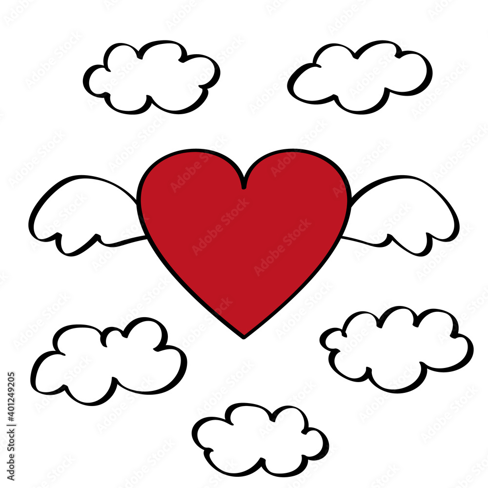 Red heart with wings and clouds in the sky