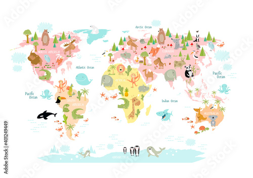 Print. Map of the world with cartoon animals for kids. Europe, Asia, South America, North America, Australia, Africa. Lion, crocodile, kangaroo. koala, whale, bear, elephant, shark, snake, touc