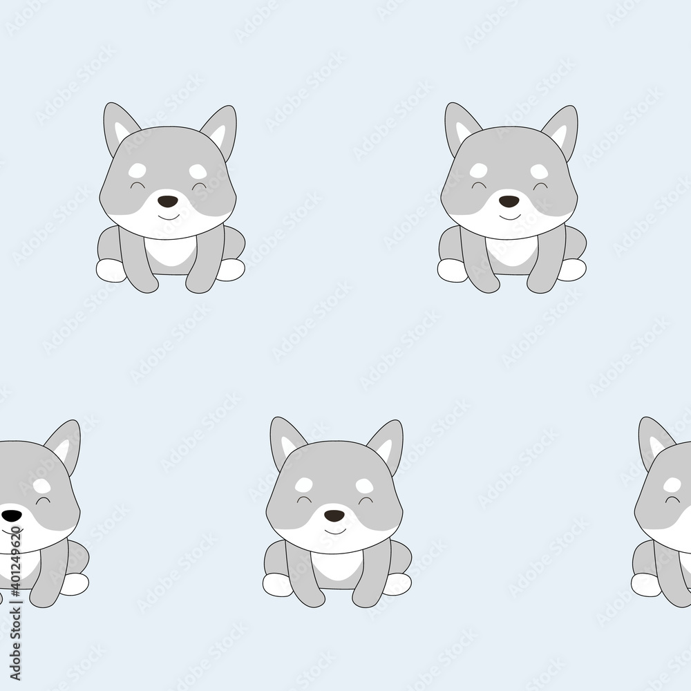 Pattern with cute dog. Puppy. a cartoon dog is sitting. little wolf. gray puppy.
