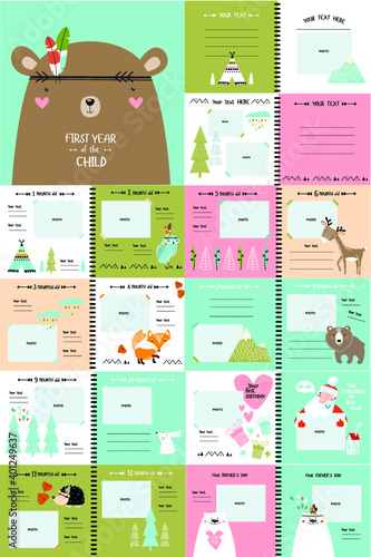 Vector photo book with cartoon animals for the children, "the first year of the child". Frames, stickers, poster, postcard, cover. Animals, fox, bear, wigwam, mountains, ascetic, aztec