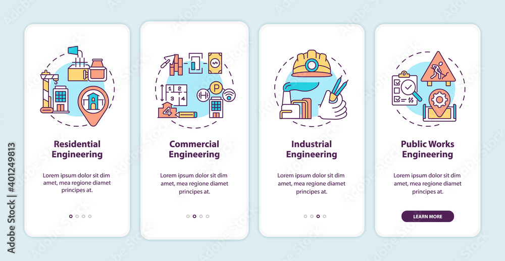 Industrial engineering onboarding mobile app page screen with concepts. Construction and building service walkthrough 5 steps graphic instructions. UI vector template with RGB color illustrations