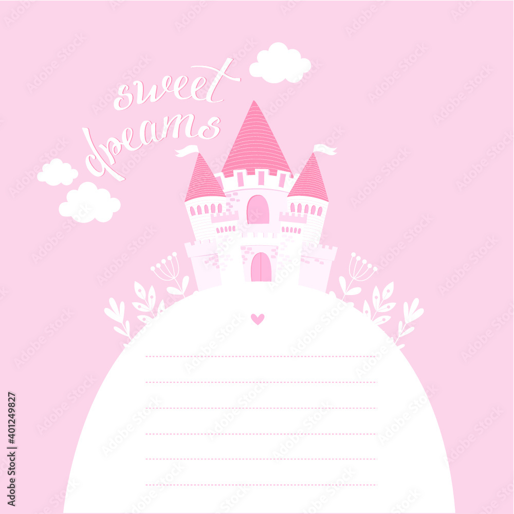 Vector illustration with a castle and place for text. pink castle. poster ,. princess's house
