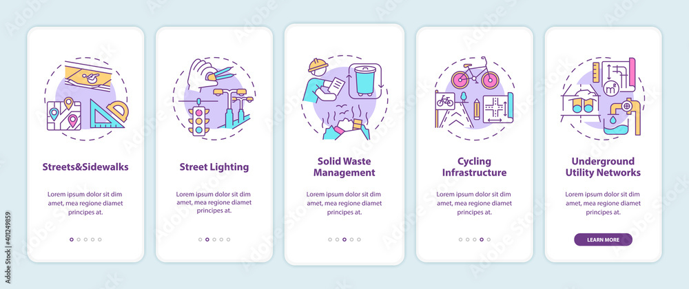 City infrastructure onboarding mobile app page screen with concepts. Public service and facility walkthrough 5 steps graphic instructions. UI vector template with RGB color illustrations