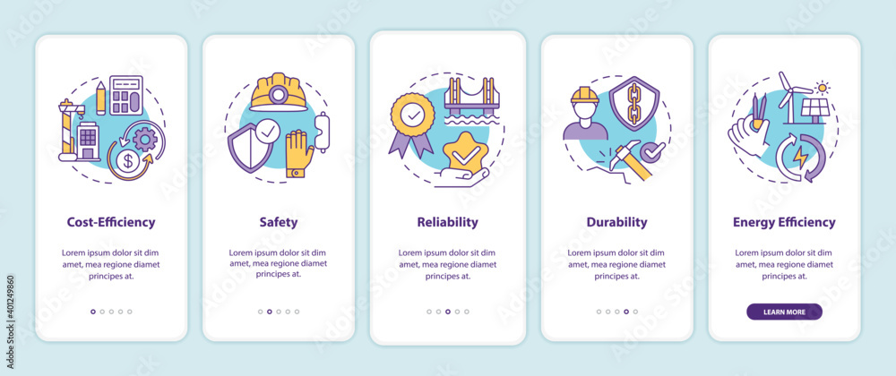 Safety in civil engineering onboarding mobile app page screen with concepts. Construction security walkthrough 5 steps graphic instructions. UI vector template with RGB color illustrations