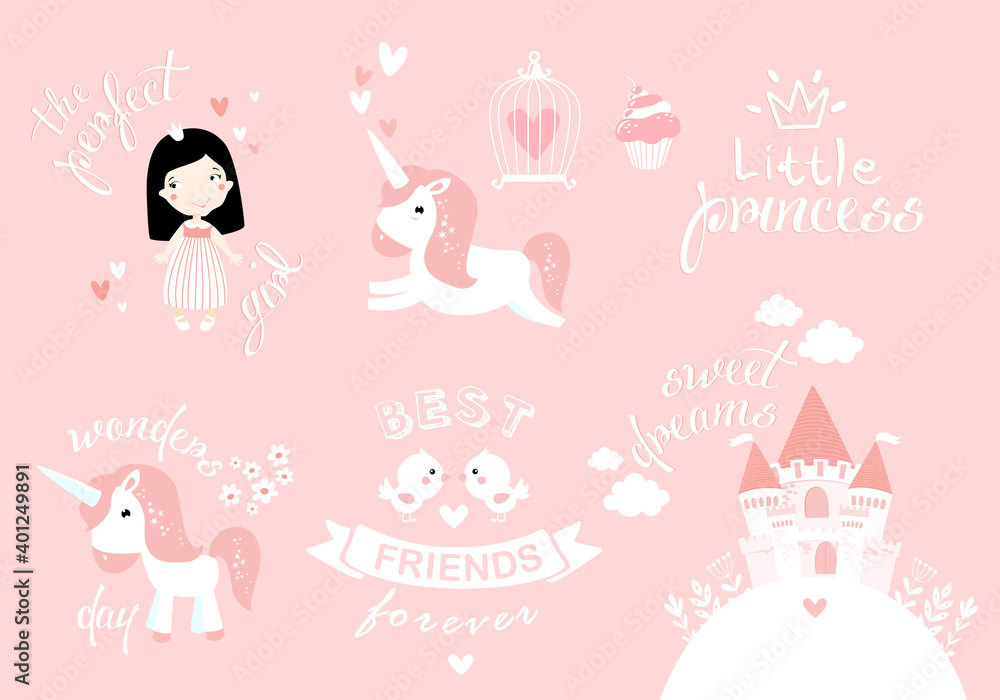 Big set of congratulatory inscriptions. Little princess, happy birthday, best friends. a cartoon pony, a unicorn, a princess's castle. pink and white
Big set of congratulatory inscriptions. Little princess, happy birthday, best friends. a cartoon pony, a unicorn, a princess's castle. pink and white