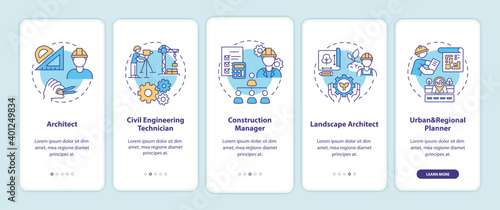 Civil engineering specialist onboarding mobile app page screen with concepts. Building professional walkthrough 5 steps graphic instructions. UI vector template with RGB color illustrations