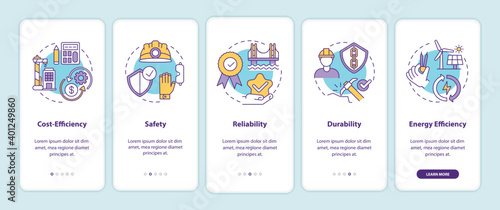 Safety in civil engineering onboarding mobile app page screen with concepts. Construction security walkthrough 5 steps graphic instructions. UI vector template with RGB color illustrations