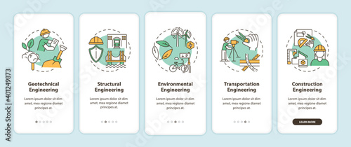 Sustainability in engineering onboarding mobile app page screen with concepts. Environmental protection walkthrough 5 steps graphic instructions. UI vector template with RGB color illustrations