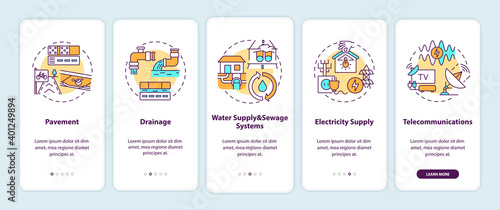Urban resource supply onboarding mobile app page screen with concepts. Pavement, drainage. Waste management walkthrough 5 steps graphic instructions. UI vector template with RGB color illustrations