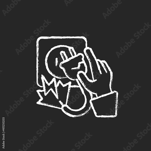 Electric shock chalk white icon on black background. Faulty wiring. Touching overloaded electrical outlets. Exposed wires, damaged cords. Electrical burns. Isolated vector chalkboard illustration