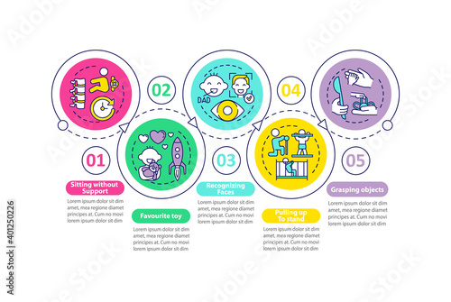 Early developmental milestones in babies vector infographic template. Childcare presentation design elements. Data visualization with 5 steps. Process timeline chart. Workflow layout with linear icons