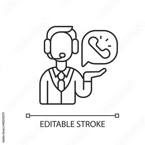 Telemarketing linear icon. Marketing in which salesperson proposes customers to buy products. Thin line customizable illustration. Contour symbol. Vector isolated outline drawing. Editable stroke