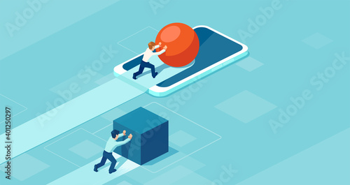 Vector of a business man pushing a sphere using mobile technology leading the race against a businessman pushing a box.