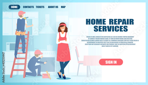 Vector of repair service men working with instruments fixing appliances at a housewife home.