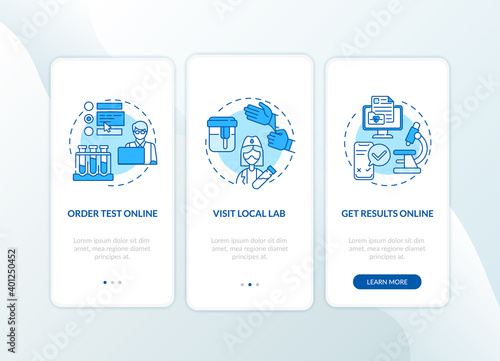 Lab test ordering steps onboarding mobile app page screen with concepts. Order test online, reports walkthrough 3 steps graphic instructions. UI vector template with RGB color illustrations