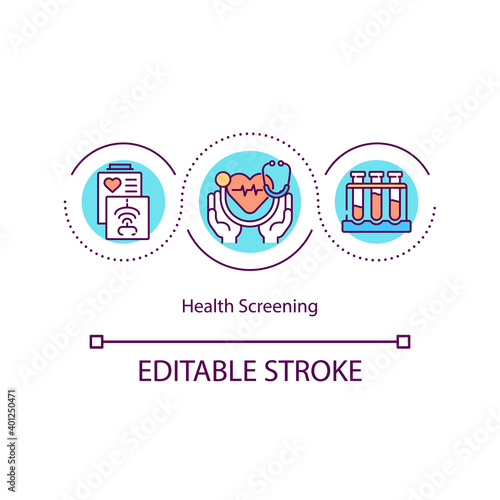 Health screening concept icon. Medical clinic services. Disease finding procedure. Body health care idea thin line illustration. Vector isolated outline RGB color drawing. Editable stroke