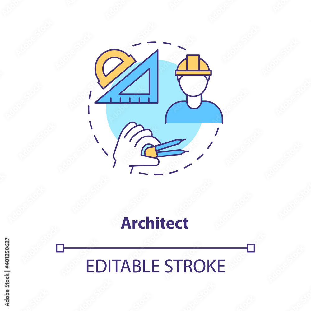 Architect concept icon. Plan and draft project. Professional builder, contractor. Civil engineering idea thin line illustration. Vector isolated outline RGB color drawing. Editable stroke
