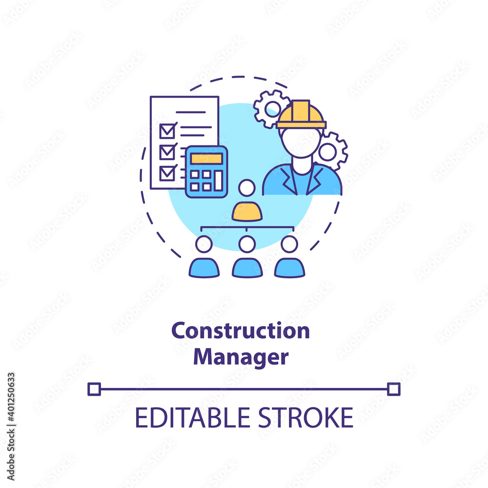 Construction manager concept icon. Supervisor work. Business project management. Civil engineering idea thin line illustration. Vector isolated outline RGB color drawing. Editable stroke Construction manager concept icon. Supervisor work. Business project management. Civil engineering idea thin line illustration. Vector isolated outline RGB color drawing. Editable stroke