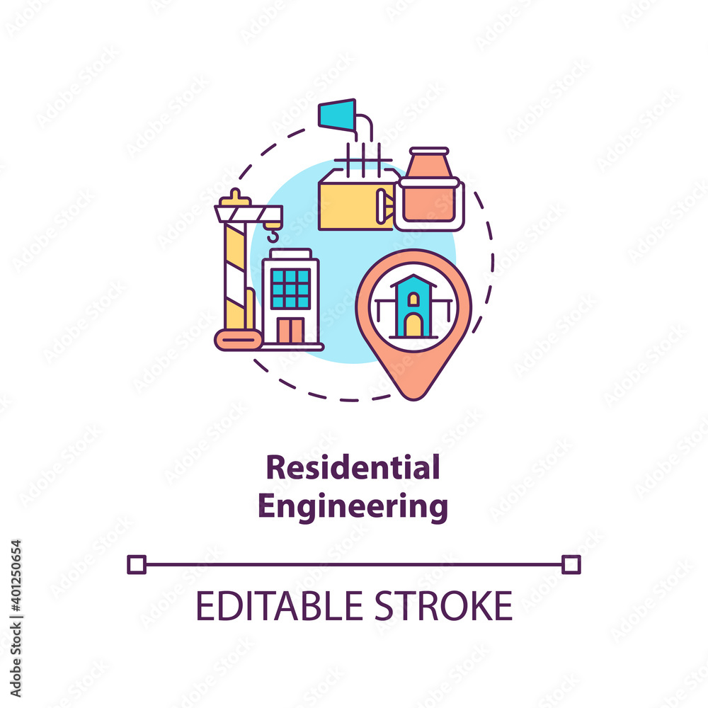 Residential engineering concept icon. Building on construction site. Real estate. Civil engineering idea thin line illustration. Vector isolated outline RGB color drawing. Editable stroke