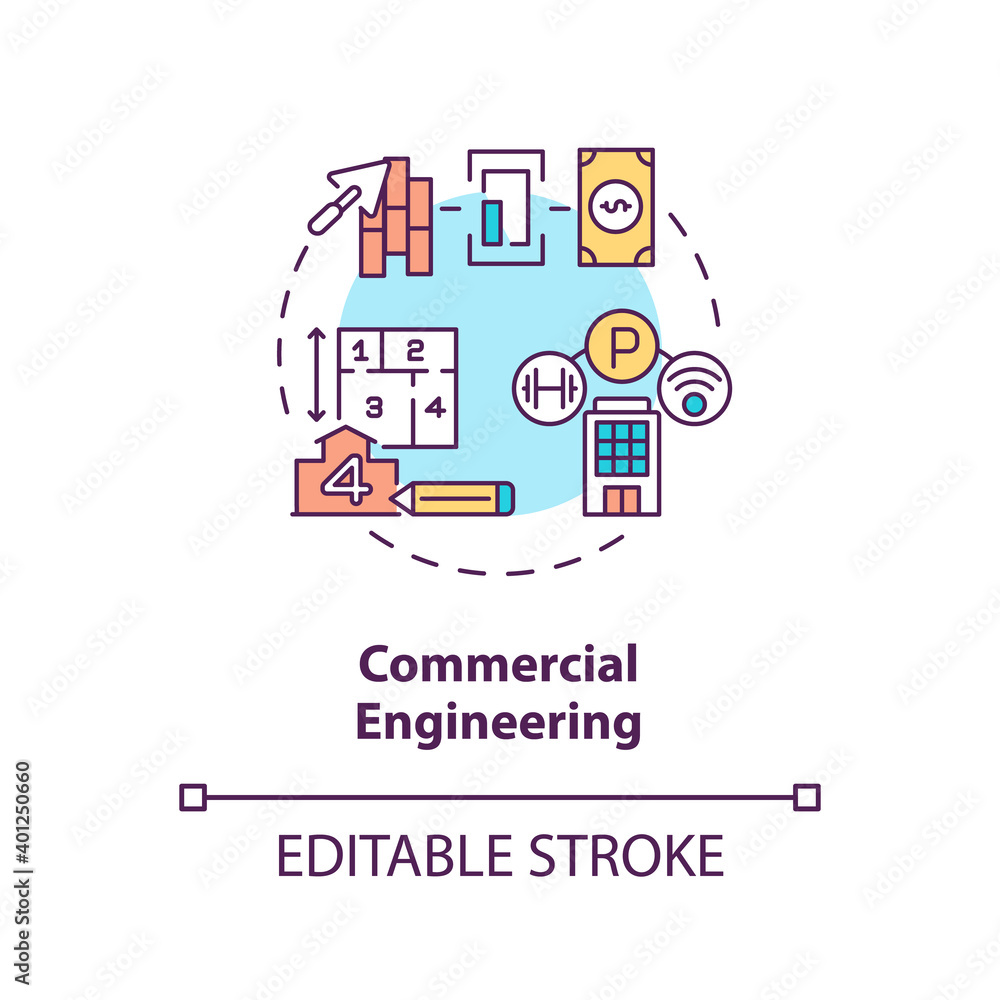 Commercial engineering concept icon. Residential building. Project management and development. Civil engineering idea thin line illustration. Vector isolated outline RGB color drawing. Editable stroke