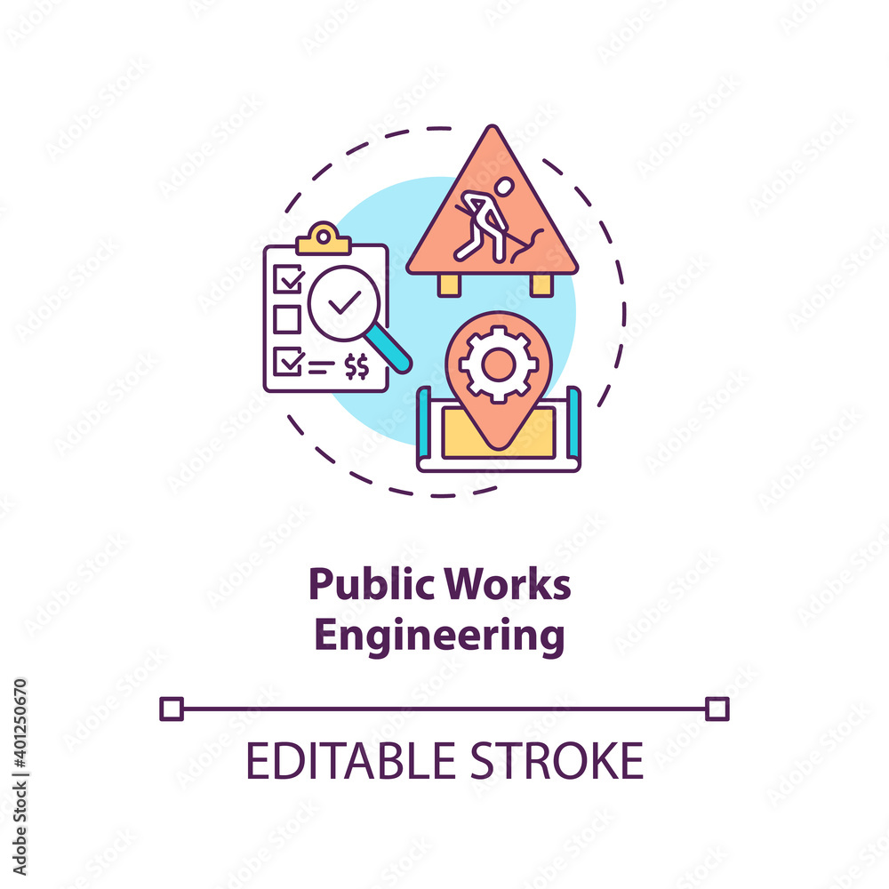 Public works engineering concept icon. Industrial construction management and supervision. Civil engineering idea thin line illustration. Vector isolated outline RGB color drawing. Editable stroke
