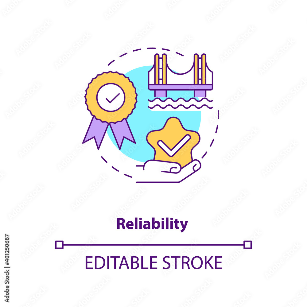 Reliability concept icon. Construction safety. Building quality bridge. Repair, maintenance. Civil engineering idea thin line illustration. Vector isolated outline RGB color drawing. Editable stroke Reliability concept icon. Construction safety. Building quality bridge. Repair, maintenance. Civil engineering idea thin line illustration. Vector isolated outline RGB color drawing. Editable stroke