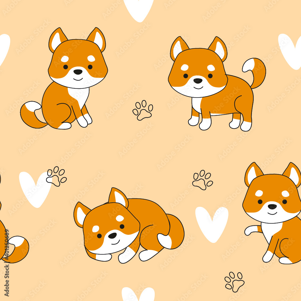 Vector pattern with cute dog. Puppy. the cartoon dog lies. the dog is sitting. the dog is playing. redhead puppy. shibu inu
