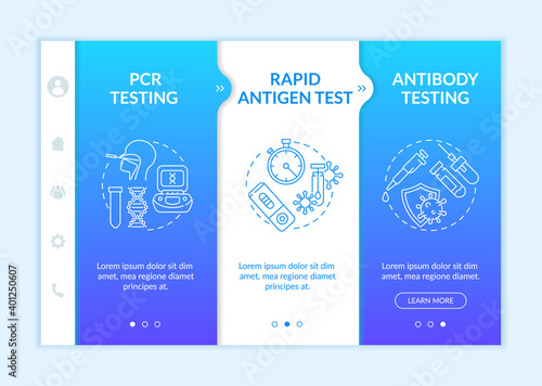 Coronavirus testing types onboarding vector template. Polymerase chain reaction checking. Antibody testing. Responsive mobile website with icons. Webpage walkthrough step screens. RGB color concept