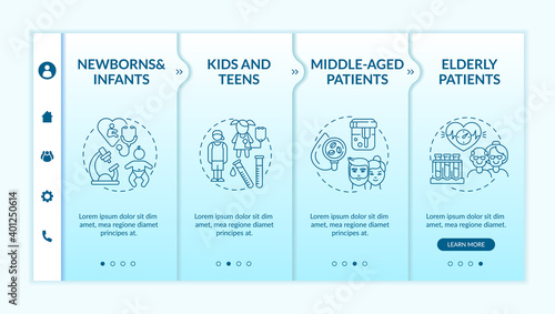 Health screening age groups onboarding vector template. Newborns, teens, middle aged patients. Responsive mobile website with icons. Webpage walkthrough step screens. RGB color concept