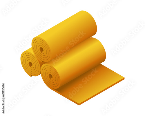 Vector illustration rock wool insulator for heat cold protection. Rolls of fiberglass insulation material isolated on white background. Mineral wool flat vector icon. 3D cartoon glass wool rolls icon