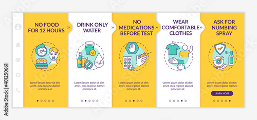 Clinical blood testing tips onboarding vector template. No food for 12 hours. Comfortable clothes. Responsive mobile website with icons. Webpage walkthrough step screens. RGB color concept