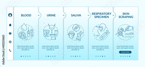 Laboratory samples onboarding vector template. Urinalysis testing. Oral and nasal swab. Blood test. Responsive mobile website with icons. Webpage walkthrough step screens. RGB color concept