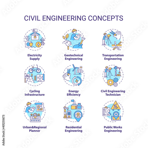 Civil engineering concept icons set. Resource supply. City infrastructure. Sustainable construction idea thin line RGB color illustrations. Vector isolated outline drawings. Editable stroke