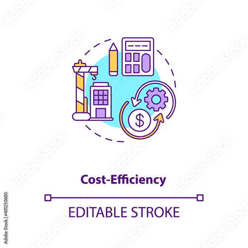 Cost-efficiency concept icon. Saving money on construction. Business and finance. Civil engineering idea thin line illustration. Vector isolated outline RGB color drawing. Editable stroke