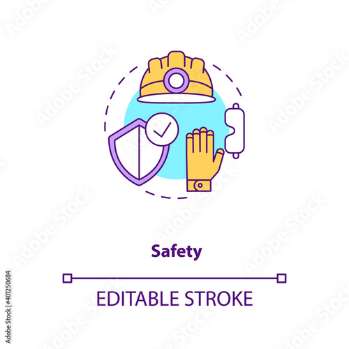 Safety concept icon. Health insurance and protection for engineer, builder. Contractor PPE. Civil engineering idea thin line illustration. Vector isolated outline RGB color drawing. Editable stroke
