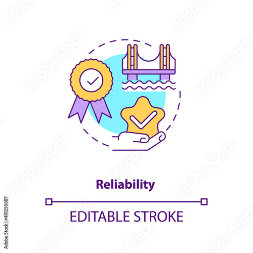 Reliability concept icon. Construction safety. Building quality bridge. Repair, maintenance. Civil engineering idea thin line illustration. Vector isolated outline RGB color drawing. Editable stroke