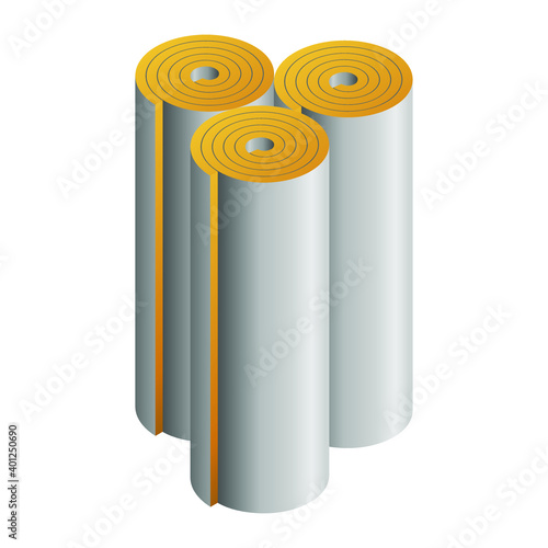 Vector illustration rolls of fiberglass insulation material isolated on white background. Rock wool insulator for heat cold and sound protection. Mineral wool roll vector icon. 3D cartoon roll icon.