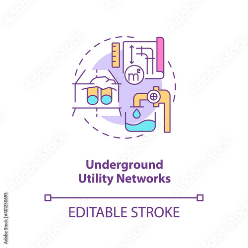 Underground utility network concept icon. Tap water supply planning. Pipeline mapping. Civil engineering idea thin line illustration. Vector isolated outline RGB color drawing. Editable stroke