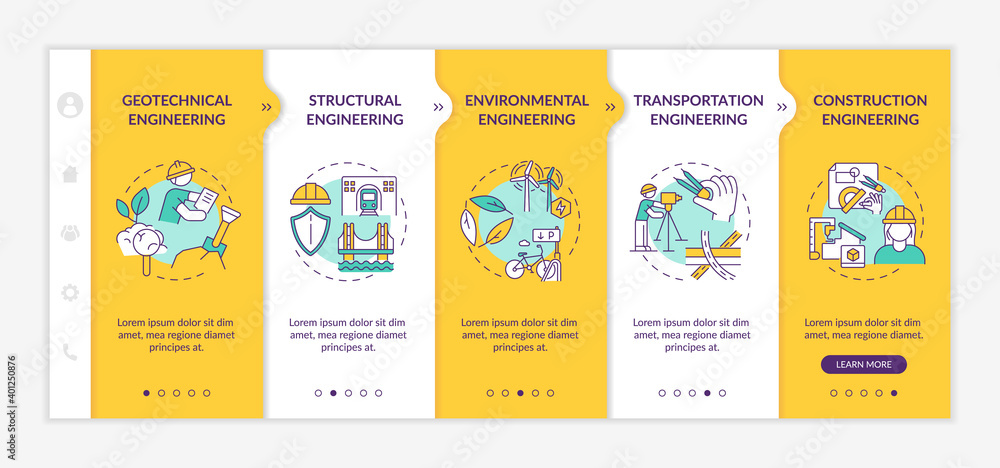 Professional engineering work onboarding vector template. Structural investigation, environmental planning. Responsive mobile website with icons. Webpage walkthrough step screens. RGB color concept