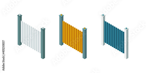 Isometric colorful iron fences isolated on white background. Vector profiled sheeting borders. 3D vector fences with columns. Set of metal wall icons for web design and apps. Flat vector illustration
