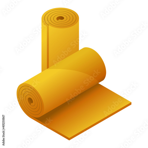 Rolls of fiberglass insulation material isolated on white background. Vector illustration rock wool insulator for heat cold protection. Mineral wool flat vector icon. 3D cartoon glass wool rolls icon