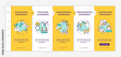 Professional engineering work onboarding vector template. Structural investigation, environmental planning. Responsive mobile website with icons. Webpage walkthrough step screens. RGB color concept