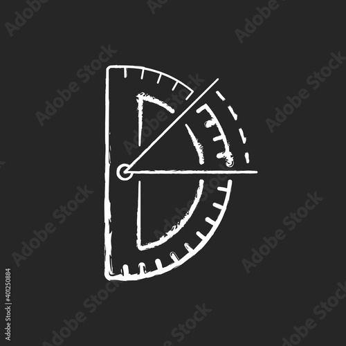Half circle protractor chalk white icon on black background. Measuring and constructing plane angles in radians. Architectural and mechanical drawing. Isolated vector chalkboard illustration
